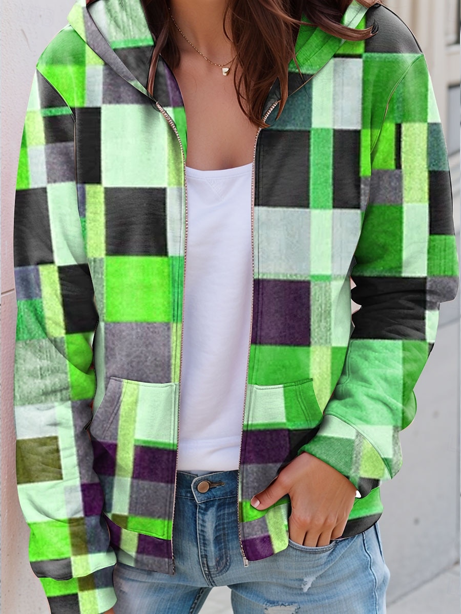 Veste à fermeture éclair pour femmes graphique à carreaux mode décontractée à manches longues à capuche tops réguliers vêtements de rue port quotidien poche impression blanc bleu violet orange vert de 2025 ? $27.99 –P6