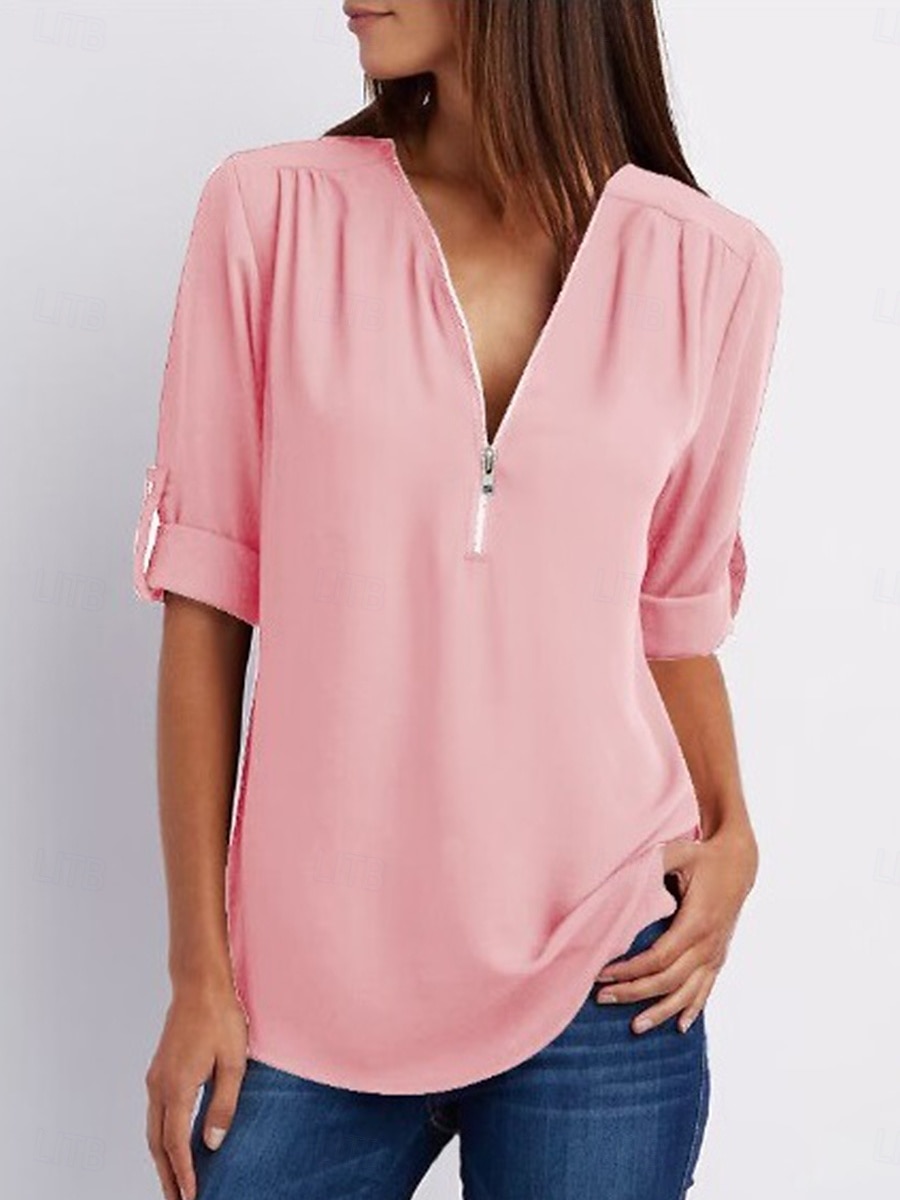 Femmes Chemisier Uni Quotidien Demi Manches Col en V Hauts Réguliers Quotidien Fermeture éclair Noir Rose Claire Marron Vert Été Printemps Automne de 2025 ? $21.99 –P4