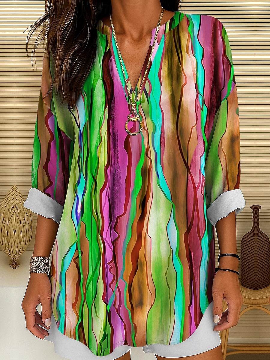 Women's Shirt Cotton Linen Shirt Blouse Ombre Graphic Geometric Daily Hawaiian Business Long Sleeve V Neck Regular Tops Work Daily Holiday Buttons Print Black And White Yellow Red Purple Green Summer 2025 - $24.99 –P5