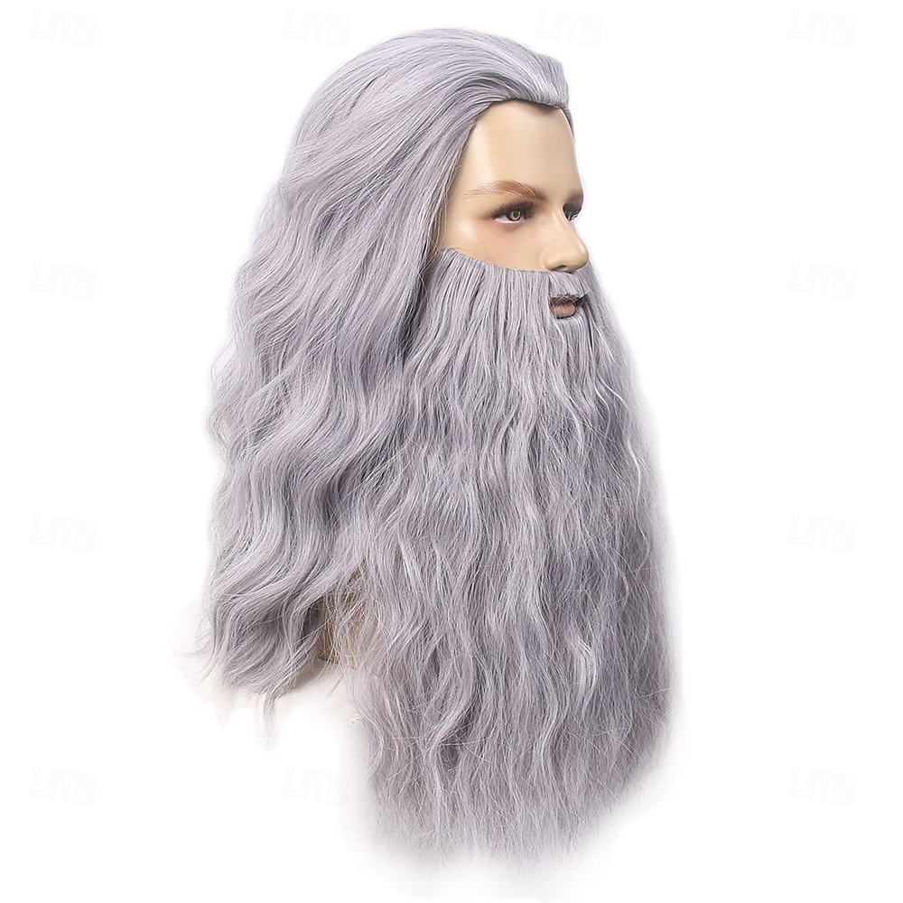 kostým starého muže, čaroděj, Gandalf, vousy a paruka, sada Ježíše, falešné šedé dlouhé syntetické vlasy, paruky na Halloween, vousy 2025 - $25.99 –P4