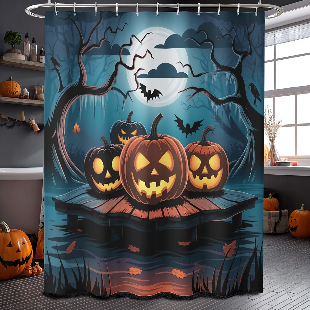 Halloweenský sprchový závěs s háčky, polyesterový, pratelný, voděodolný, vzorovaný, koupelnová vana, dekorace 2025 - $21.99 –P1