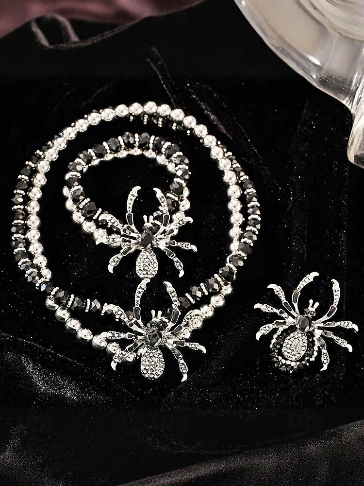 2025年 女性用ハロウィンスパイダージュエリーセット - ゴシックビーズチョーカー、調節可能なブレスレットとステートメントリング、コスチュームパーティー、コスプレ、不気味な夜のお出かけに最適な合金ラインストーンデザイン  コレクション – $14.99 –P6