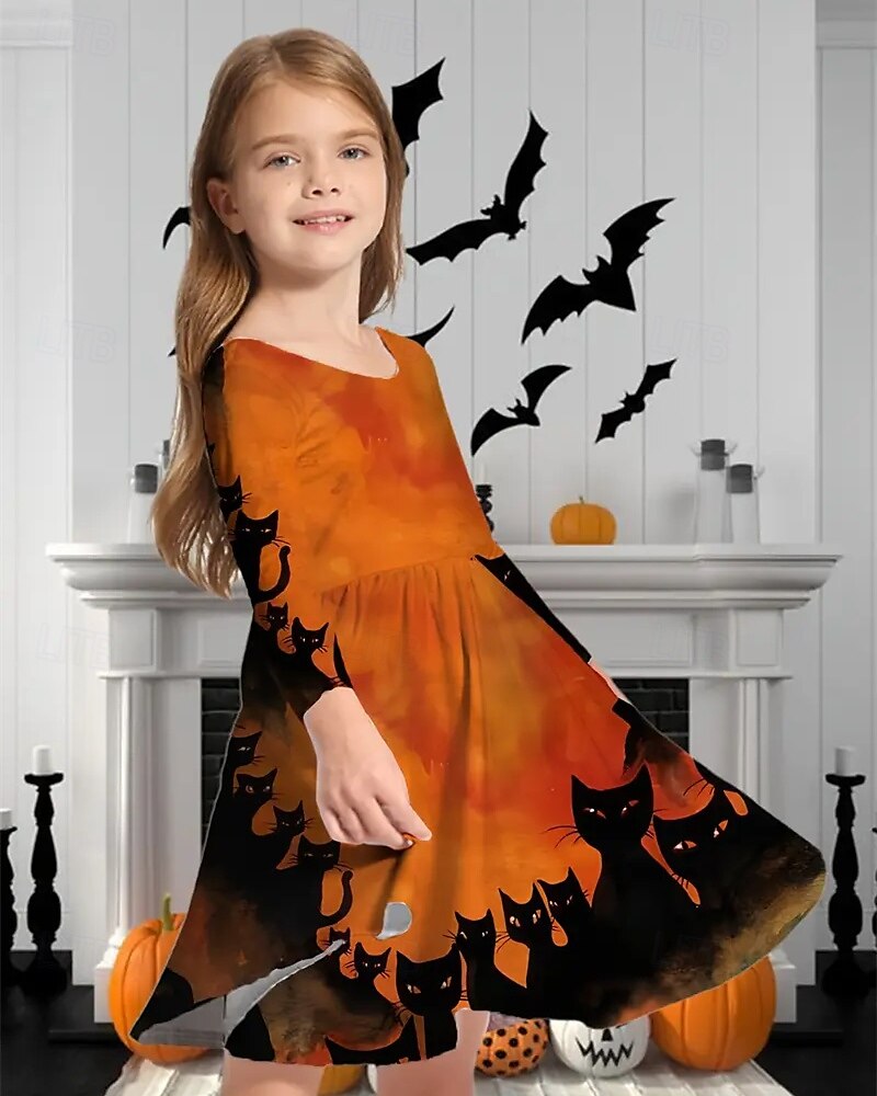 Halloween Girls' 3D Cat Dress Long Sleeve Summer Spring Vacation Daily Holiday Princess Beautiful Sweet Kids 4-12 Years Casual Dress A Line Dress Knee-length Regular Fit 2025 - $16.99 –P2