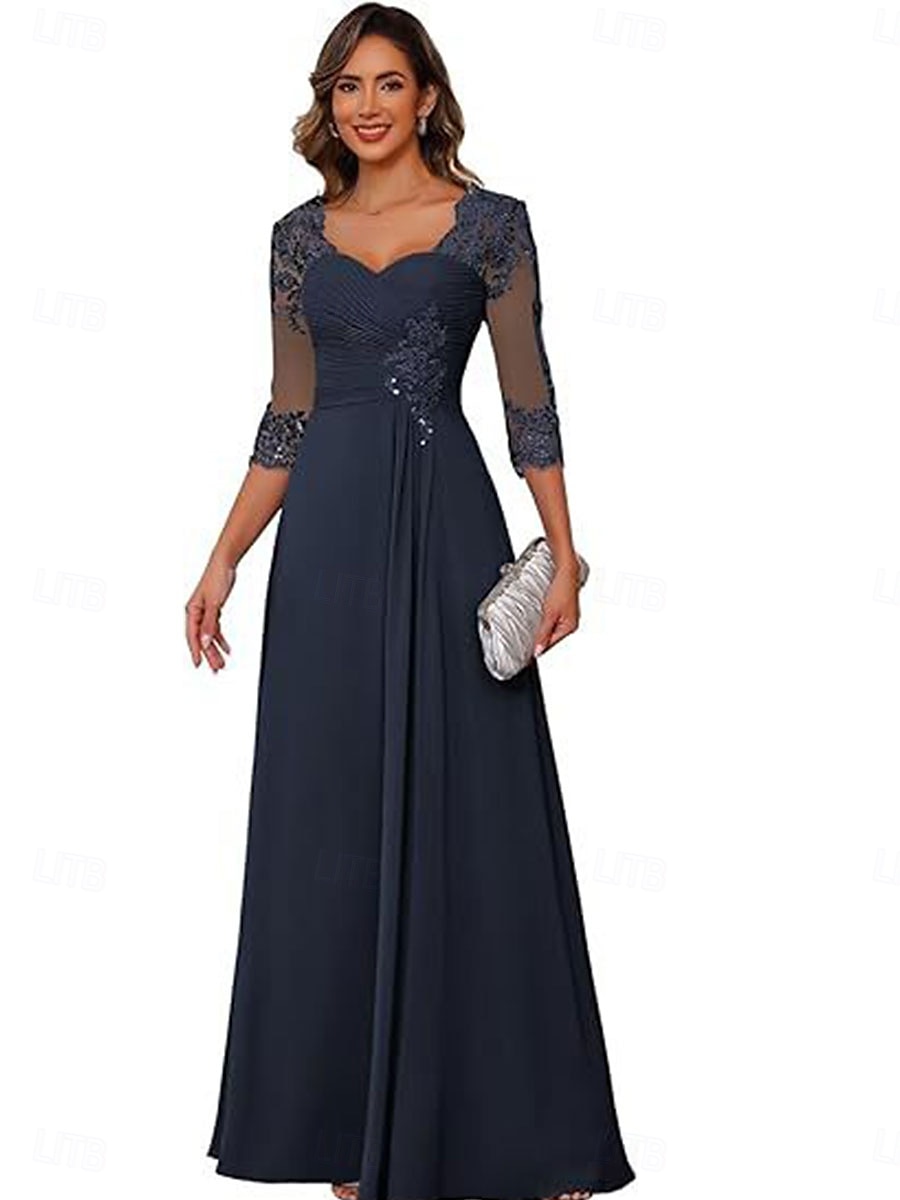 A-linje Kjole til brudens mor Elegant Enkel V-hals Gulvlengde Chiffon 3/4 ermer med Ensfarget 2025 2025 - $119.99 –P7