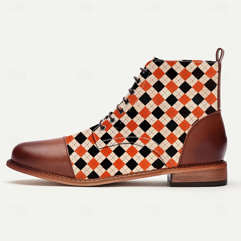 Botas masculinas de tecido jacquard xadrez com cadarço – botins estilo vintage retrô para looks criativos, festas e uso diário de 2025 por $54.99 –P2