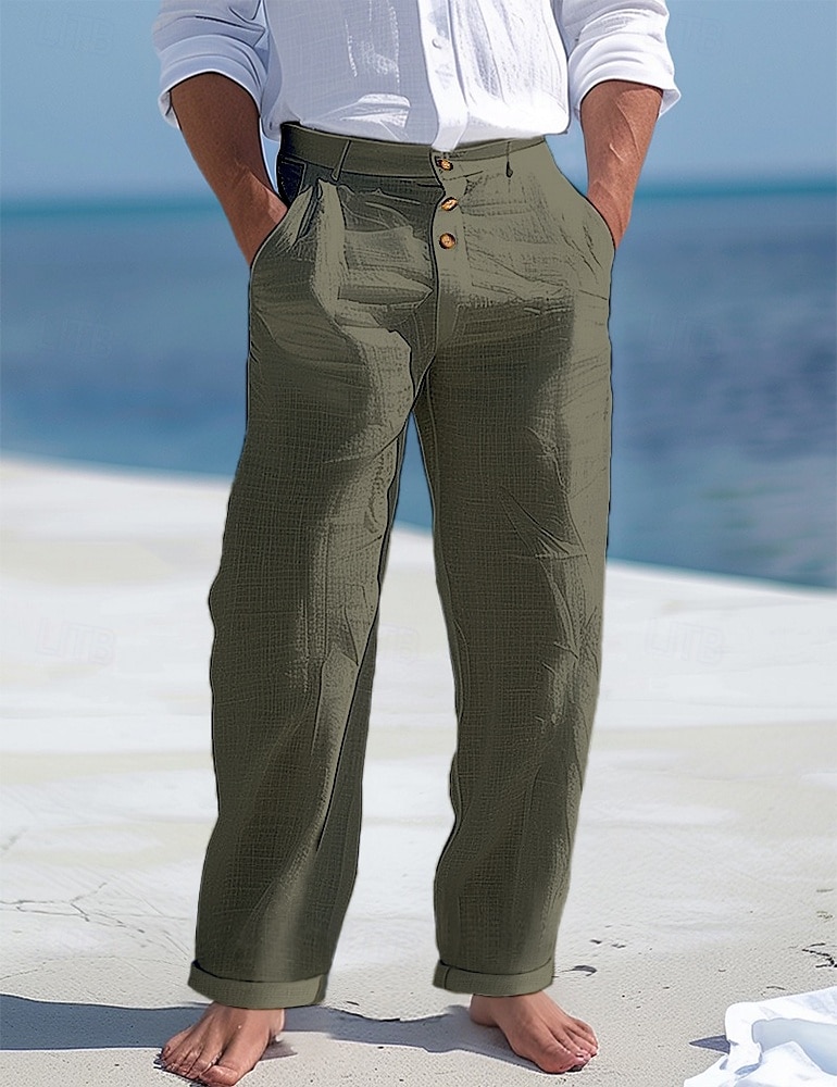 Men's Linen Pants Trousers Summer Pants Beach Pants Front Pocket Straight Leg Plain Comfort Breathable Business Casual Daily Fashion Basic Black White 2025 - $27.99 –P11