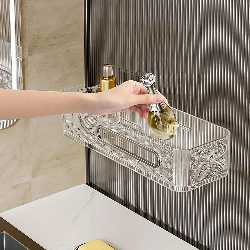 2026年 壁掛け式バスルーム収納ラック、ドリル不要、壁掛け式トイレ収納オーガナイザー、トイレタリーや日用品用の透明コスメティックオーガナイザー  コレクション – $15.99 –P9