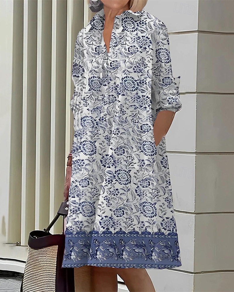 Femmes Robe Midi Robe Chemise Robe Décontractée Mode Moderne Quotidien Plage Week-end Coupe régulière Fleur manche longue Col de chemise Blanche Jaune Rose Claire bleu marine Printemps Automne de 2025 ? $24.99 –P5