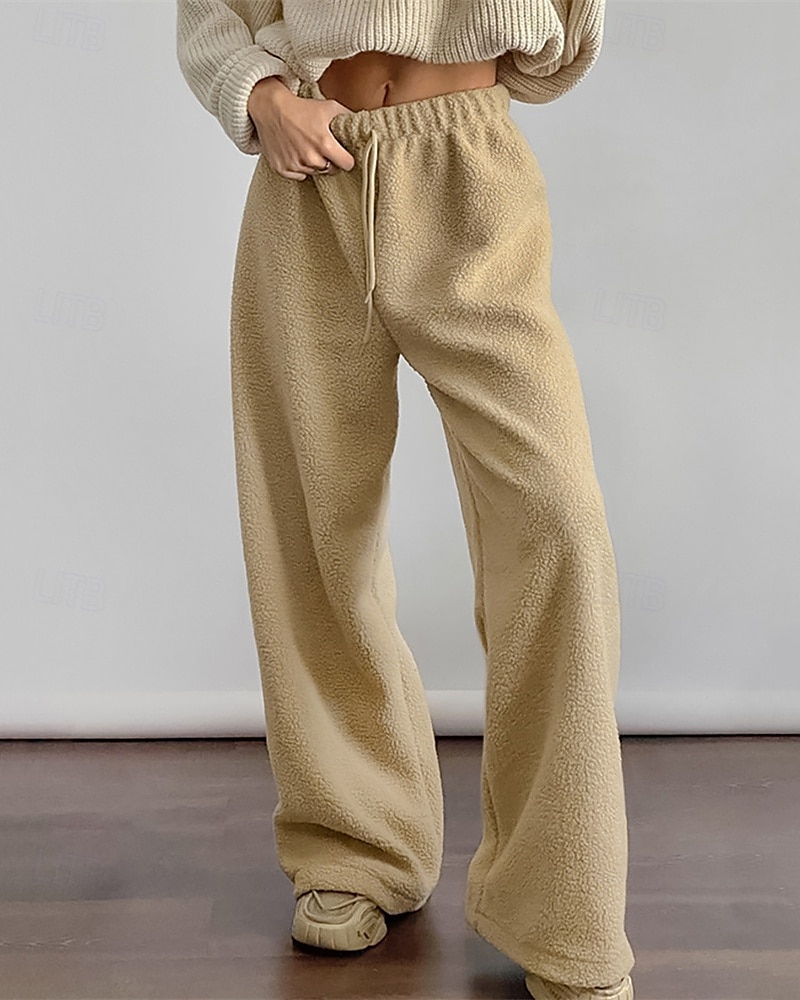 Dam Fleecebyxor Byxor Rak Mode Streetwear Fullängd Hög midja Slät Snörning Elastisk midja Mateial som andas Bekväm Microelastisk Gata Dagliga kläder Utekväll Vit Brun Kaki Höst Vinter Normal 2025 - $32.99 –P1