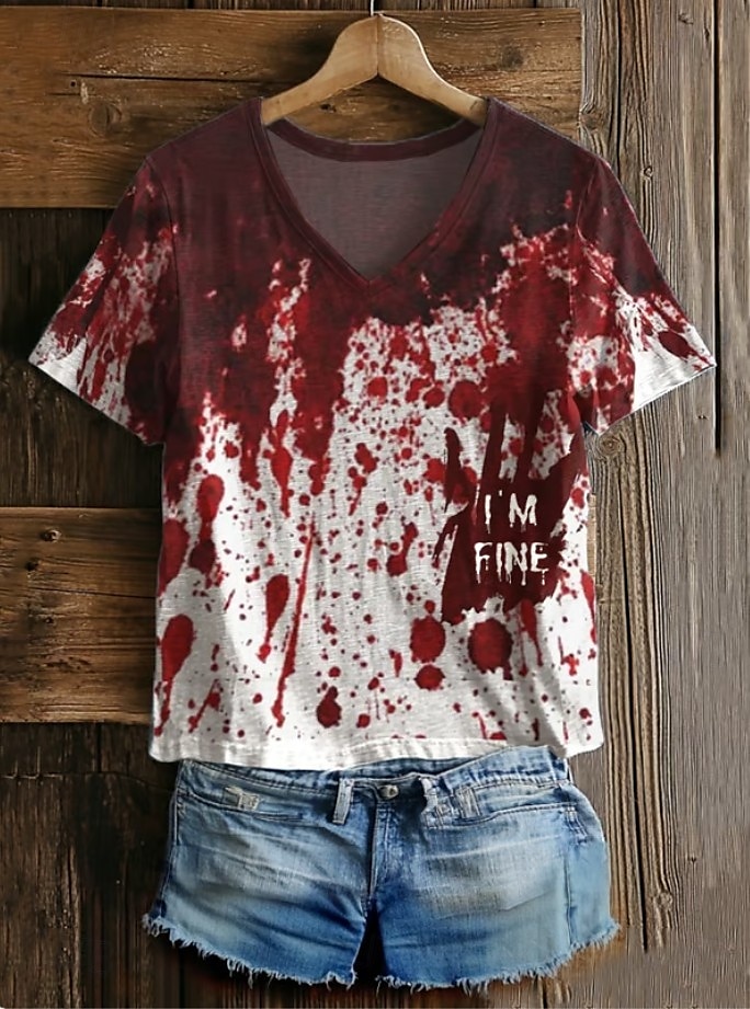 Krwawy Problem Rozwiązany Kobiecy T-shirt Plama Krwi Graficzny Litera Vintage Stylowy Klasyczny Krótki Rękaw V Dekolt Regularne Topu Codzienny Print Szary/Czerwony Biały Bordeaux Czerwony Biały Wiosna 2025 - $21.99 –P4