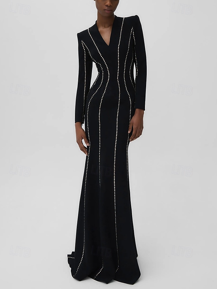 Black Tie Galakleid Etuikleid/Säulenkleid Abendkleid Smokingkleid formelle Abendparty bodenlang Langarm V-Ausschnitt Polyester mit Kristallen 2025 2025 - $135.99 –P4