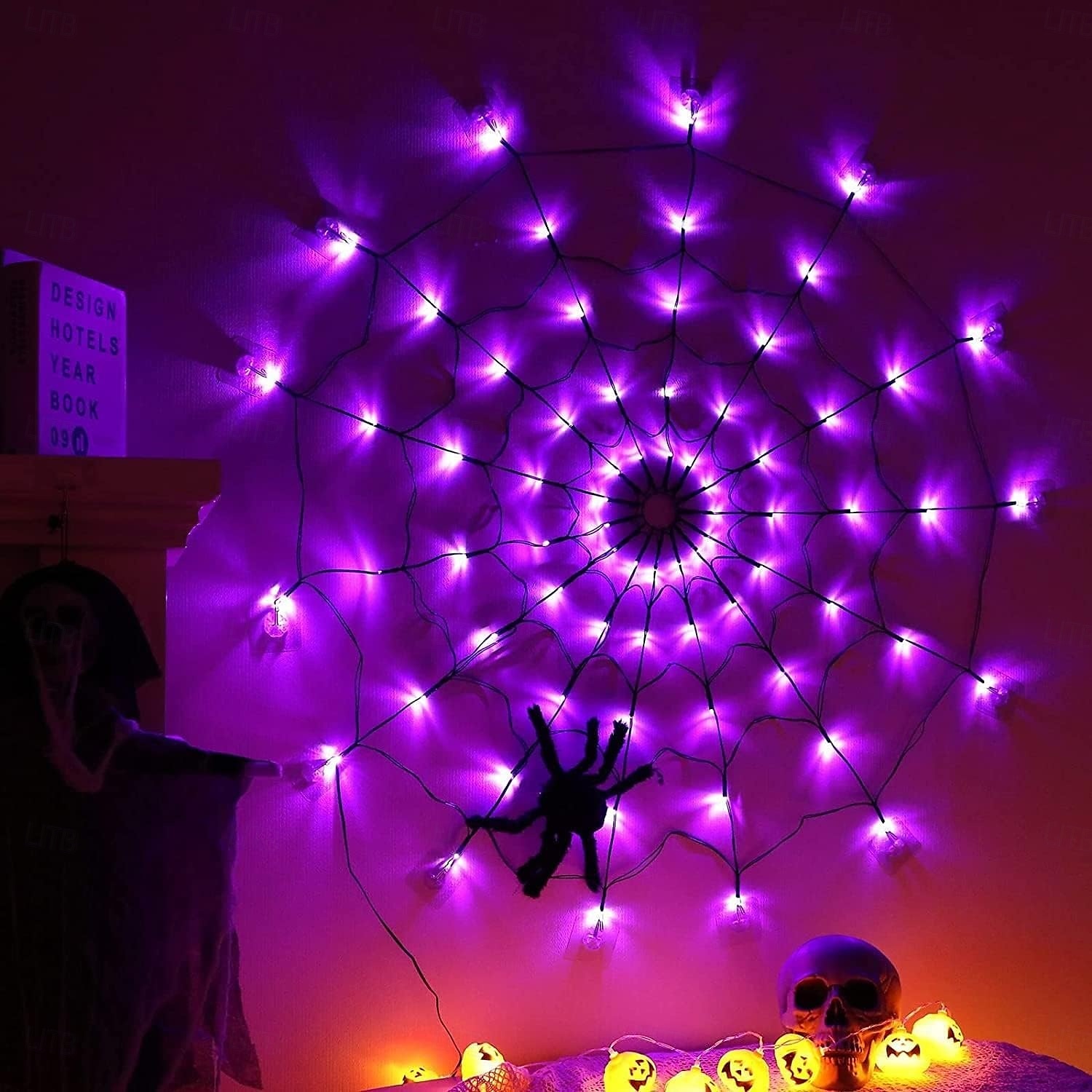 1 τεμάχιο διάμετρος 1m 70 χάντρες led για το Halloween με ιστό αράχνης, ανοιχτό μωβ πορτοκαλί, ζεστό φως, κουτί μπαταρίας usb, τροφοδοτικό, τηλεχειριστήριο, εσωτερικός και εξωτερικός χώρος, πάρτι, 2025 - $20.99 –P12
