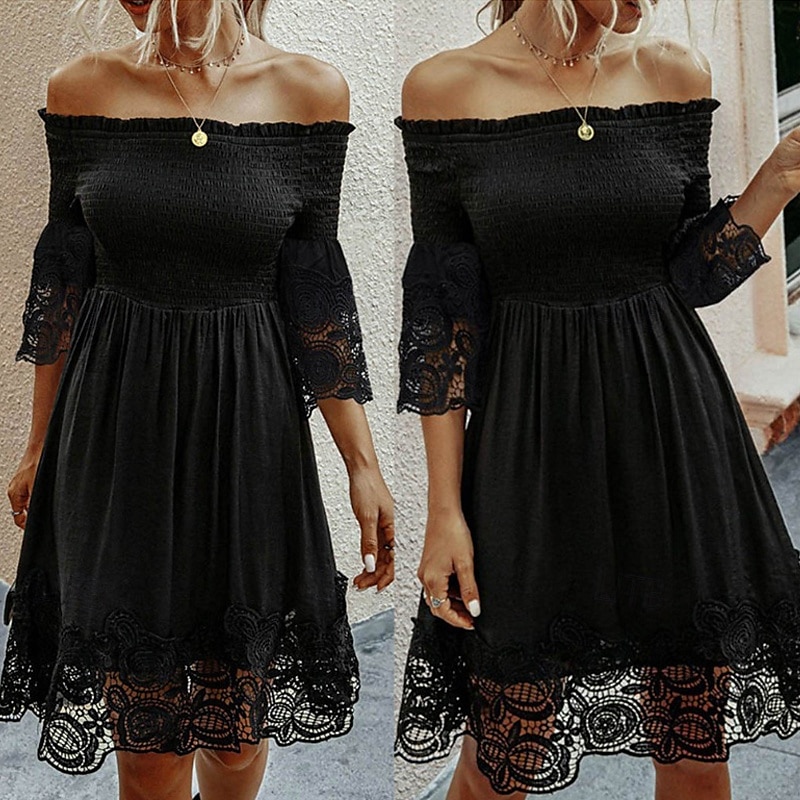 Damen Minikleid Freizeitkleid Sommerkleid Mode Modern Täglich Strand Wochenende Normale Passform Einfach Langarm Schulterfrei Schwarz Sommer 2025 - $26.99 –P1