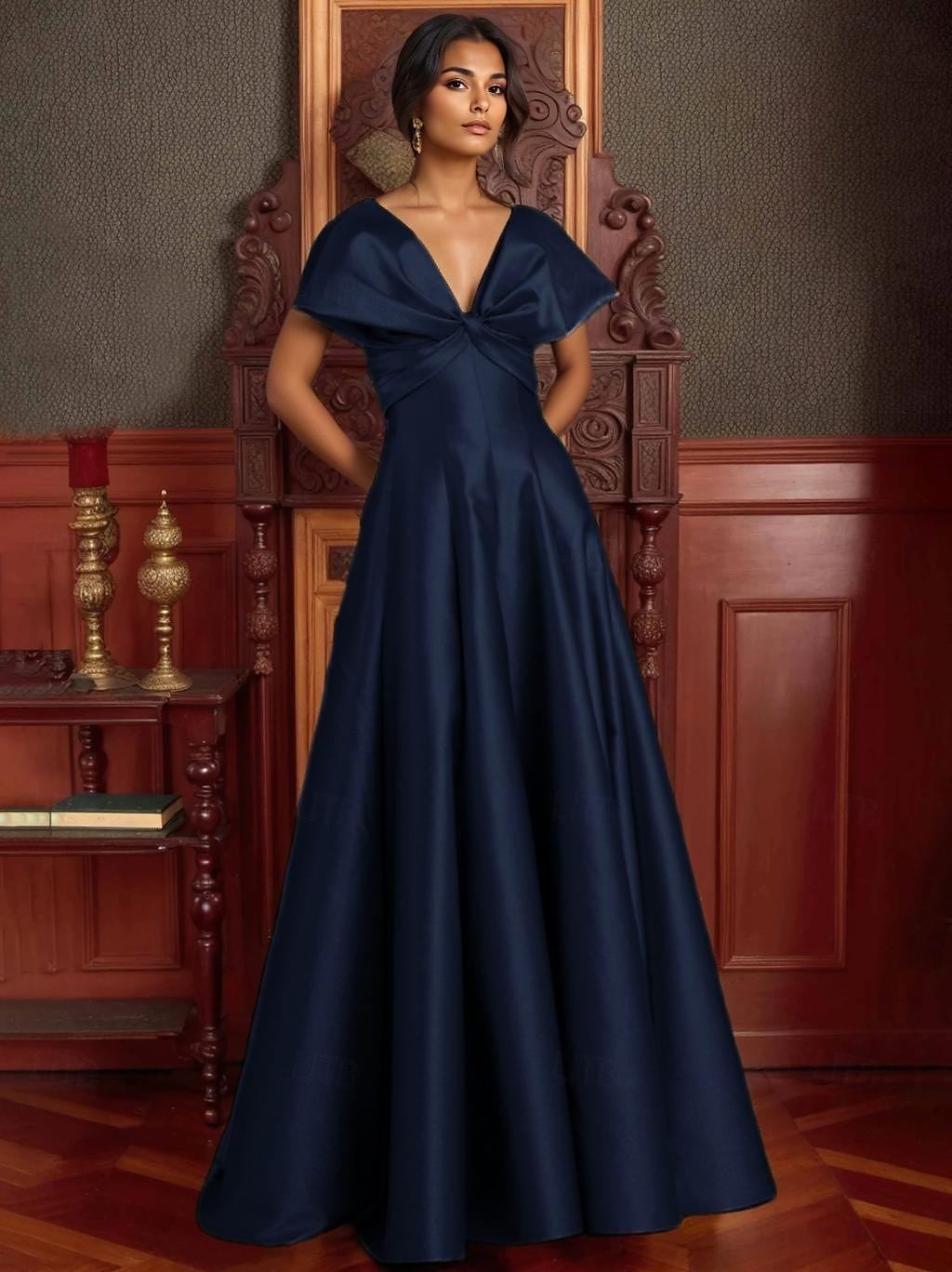 Rochie de seară elegantă, linie A, rochie formală de mireasă, lungime la podea, cu umerii goi, decolteu în V, satin elastic cu buzunar, 2025 2025 - $149.99 –P8