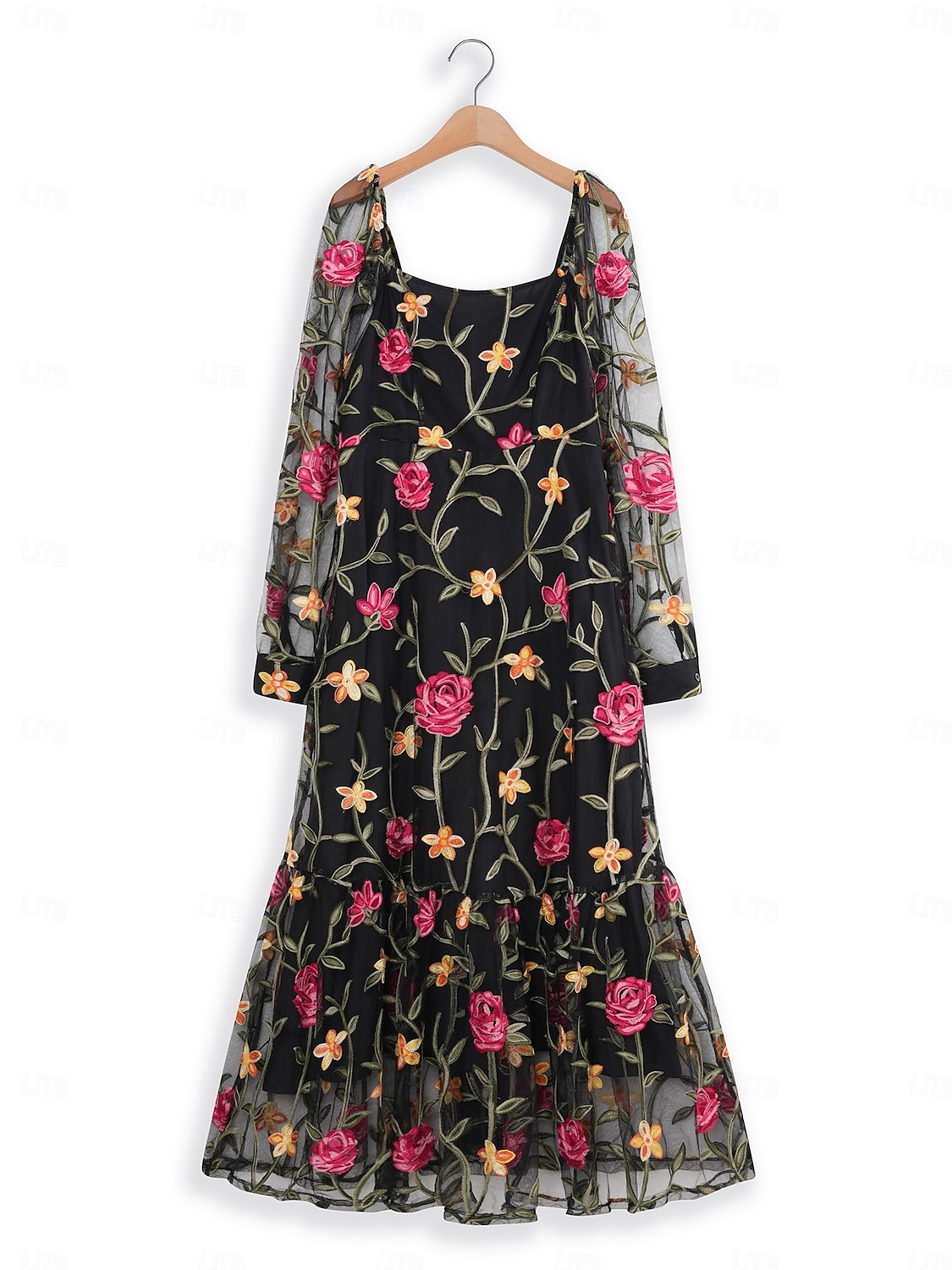 A-Linie Brautmutterkleid Elegant Schwarzes Kleid Durchsichtig Quadrathals Knöchellänge Tüll Langarm mit Rüschen Stickerei 2025 2025 - $119.99 –P7