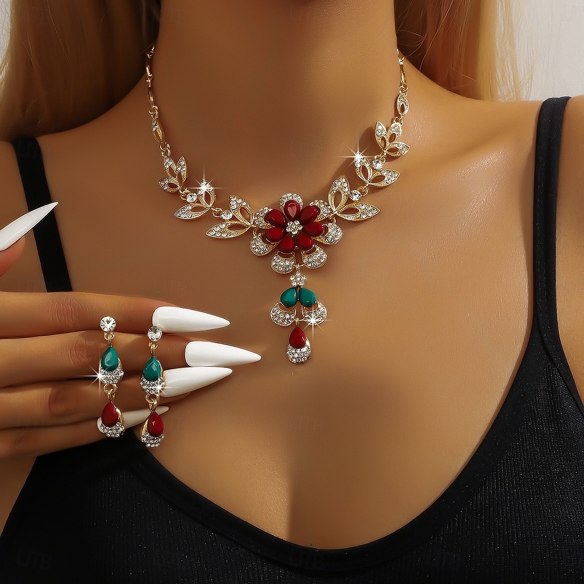 Conjunto de collar y pendientes de cristal azul bañados en oro para mujer con diseño floral: elegante joyería de fiesta para eventos formales y celebraciones nocturnas. 2025 - $14.99 –P7