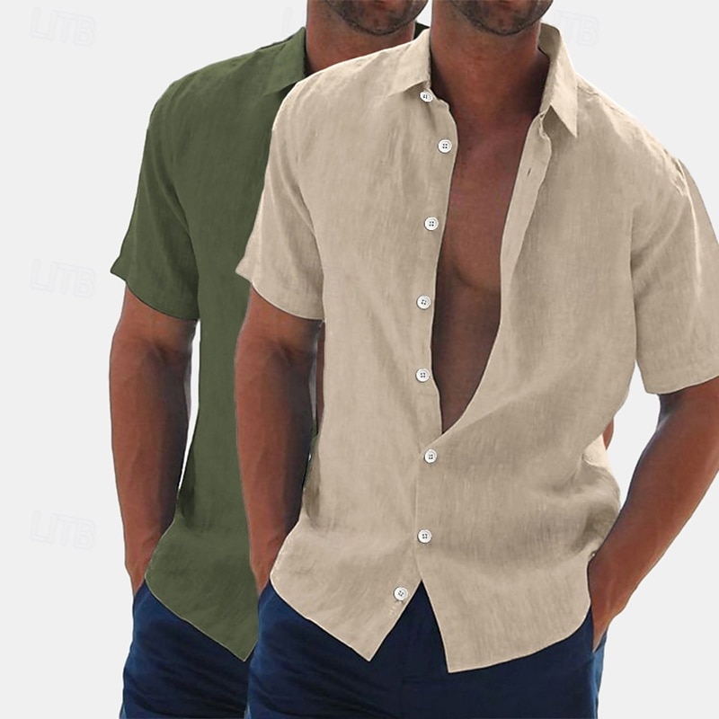 Herren Leinenhemd Sommerhemd Strandbekleidung Knopfhemd Hemden zum Herausstecken Einfarbig Urlaub Kreuzfahrt Grün + grau Weiß + Khaki Khaki + Schwarz Grün+Khaki Kurzarm Umlegekragen Sommer Bekleidung 2025 - $27.99 –P8