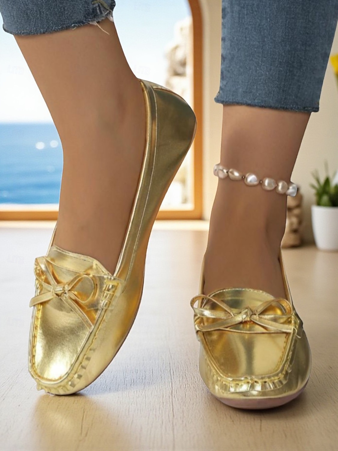 Damen-Mokassins mit goldfarbener Metallic-Schleife – bequeme Slipper, lässige und elegante flache Schuhe für Damen, perfekt für Partys, Reisen und den Alltag 2025 - $19.99 –P8