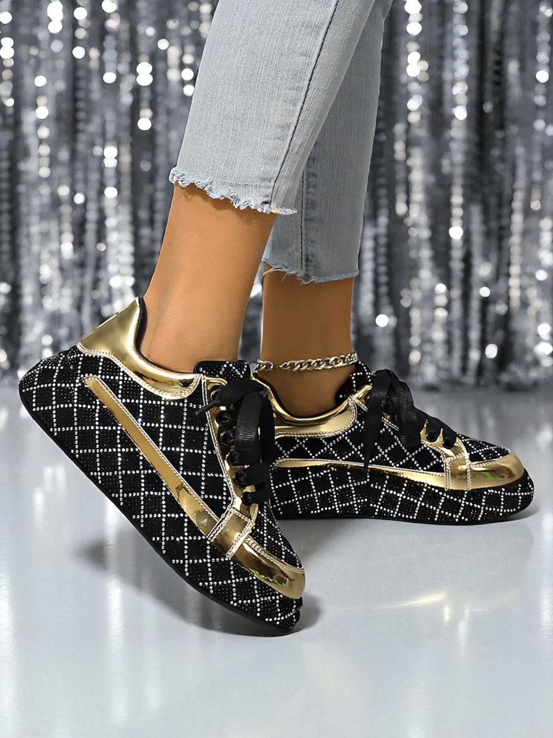 Tênis femininos acolchoados com strass - sapatos de festa com cadarço preto e prata para vida noturna, baladas e streetwear moderno de 2025 por $34.99 –P8