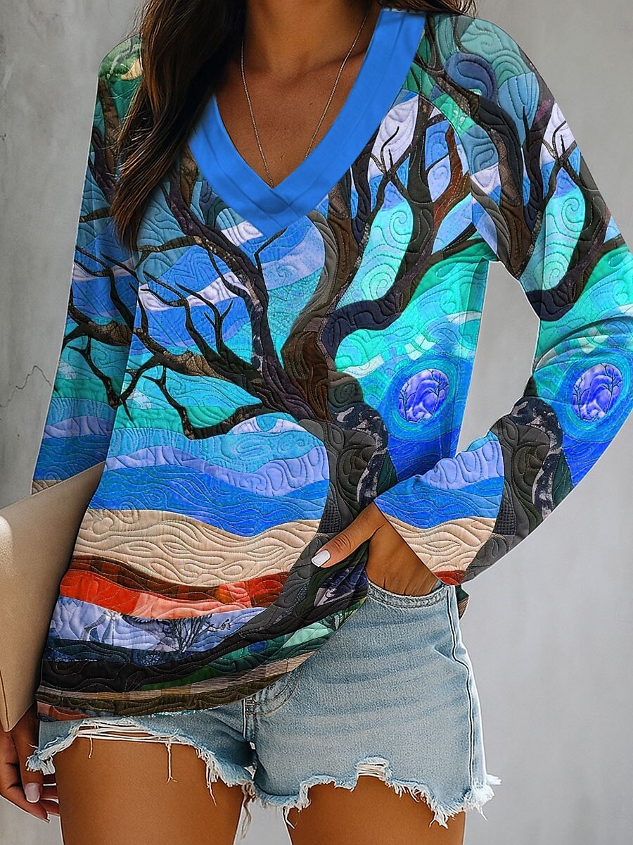 Women's T Shirt Ombre Graphic Plants Elegant Casual Long Sleeve V Neck Regular Tops Daily Going out Weekend Print Blue Orange Green Summer Spring Fall 2025 - $22.99 –P2