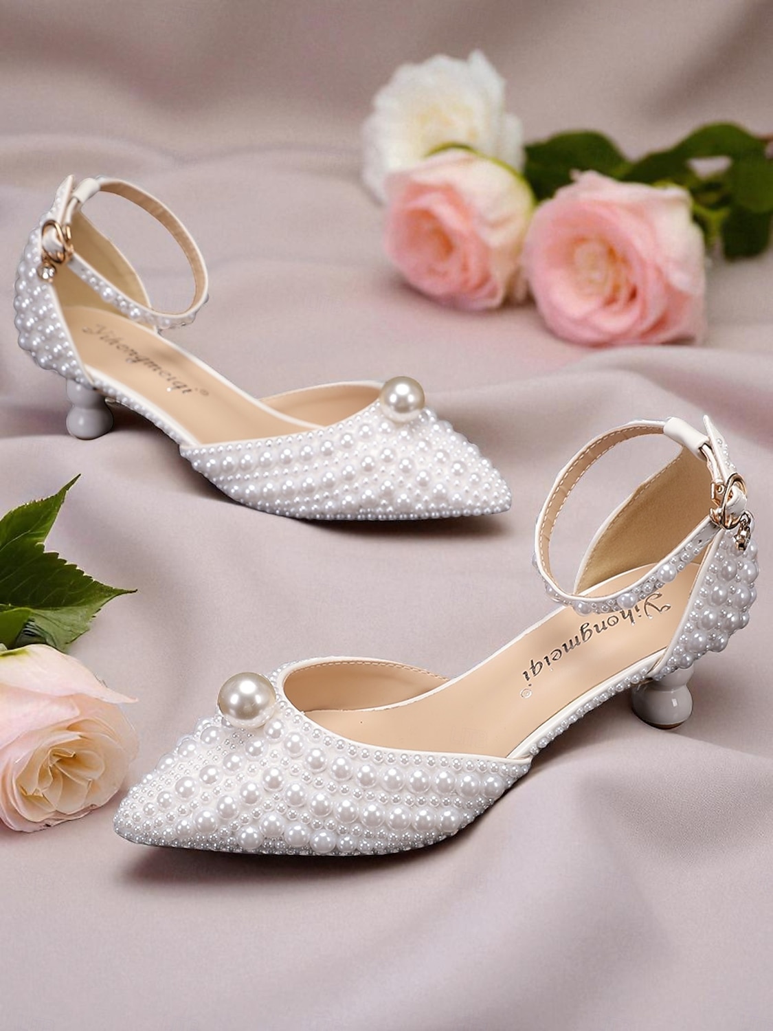 Set di scarpe da sposa da donna con pochette e decorazioni in perle: eleganti tacchi a spillo con cinturino alla caviglia, design con perline e borsa da sera abbinata, perfetti per matrimoni formali del 2025 a $89.99 –P3