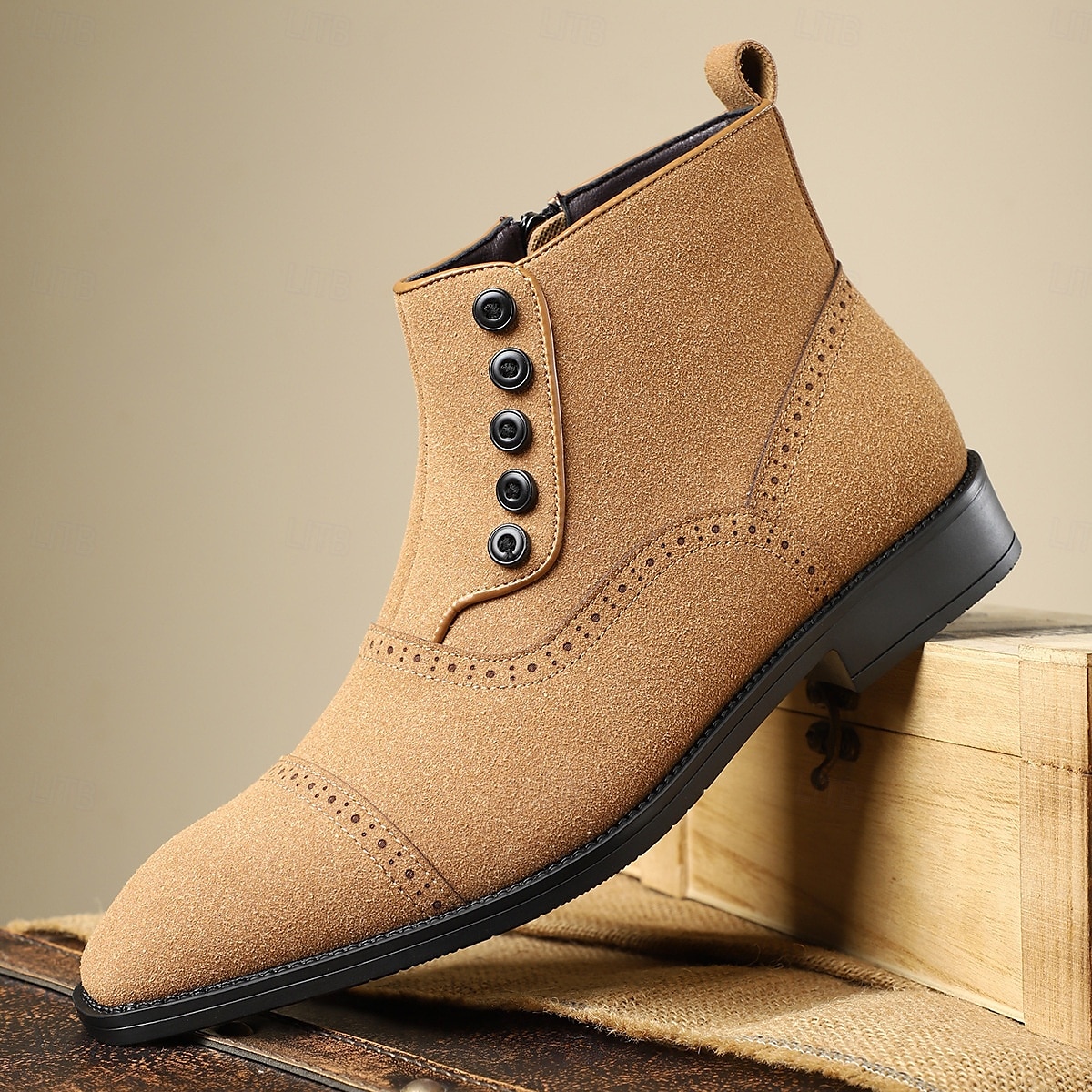 Men's Beige Lace-Up Ankle Boots with Round Toe and Classic Stitching, Vintage Business-Casual Footwear for Office, Urban Walking and Smart Daily Outfits 2025 - $46.99 –P9
