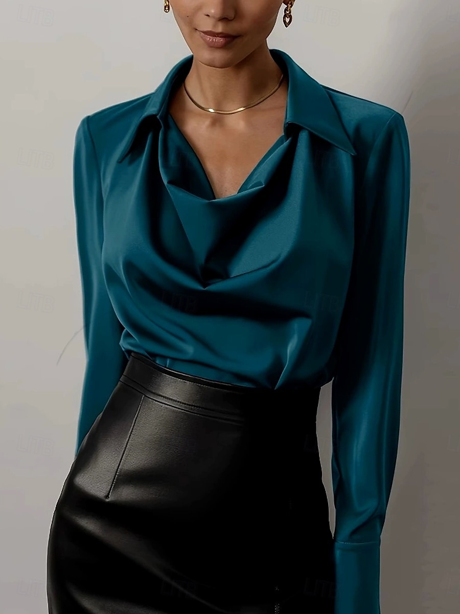 Women's Shirt Solid Color Plain Elegant Vintage Tropical Long Sleeve Cowl Neck Shirt Collar Regular Tops Work Daily Semi Formal Ruched Black White Dusty Rose Blue Summer Spring 2025 - $23.99 –P3