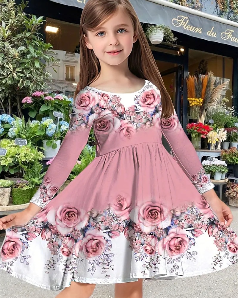 Girls' 3D Floral Rose Dress Long Sleeve Summer Spring Vacation Daily Holiday Princess Beautiful Sweet Kids 4-12 Years Casual Dress A Line Dress Knee-length Regular Fit 2025 - $16.99 –P1