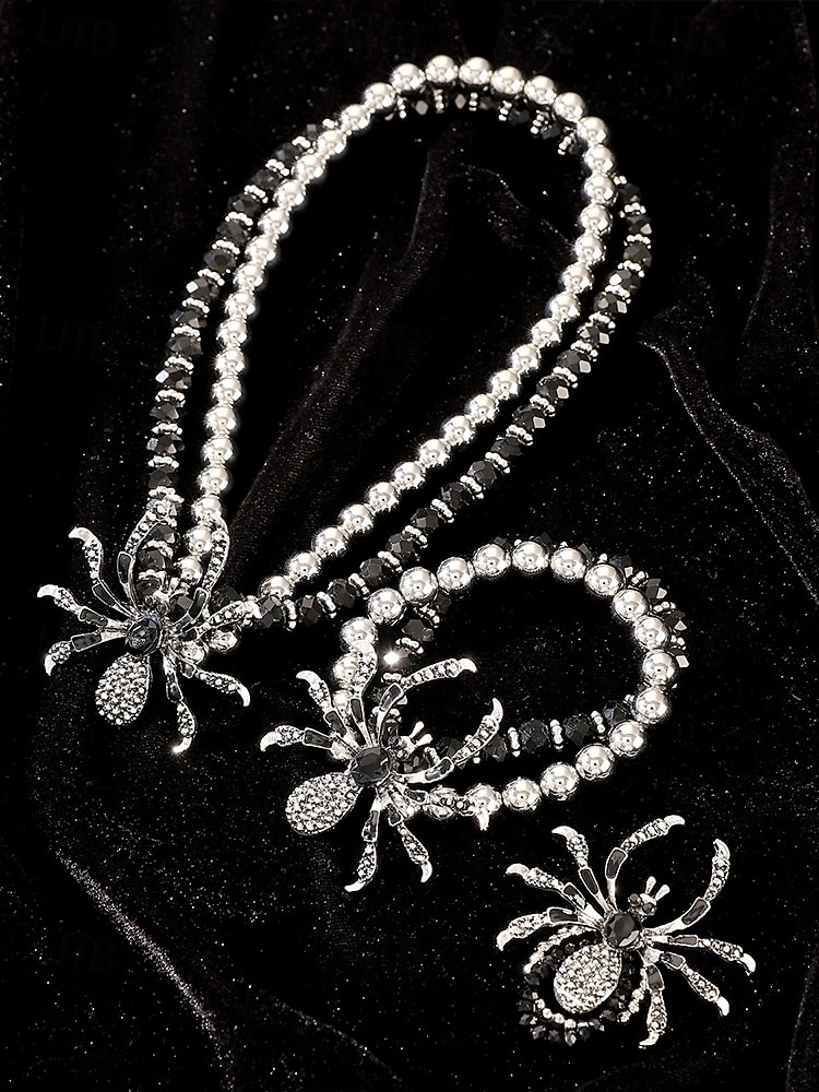 2025年 女性用ハロウィンスパイダージュエリーセット - ゴシックビーズチョーカー、調節可能なブレスレットとステートメントリング、コスチュームパーティー、コスプレ、不気味な夜のお出かけに最適な合金ラインストーンデザイン  コレクション – $14.99 –P7