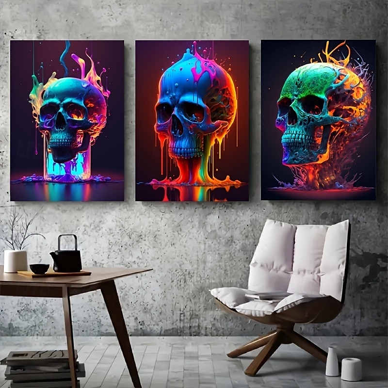 abstrakt neonhodeskallefarge lerretskunst nydelig flammeplakattrykk uinnrammet stue soverom hjemmedekorasjon egnet for halloween 2025 - $13.99 –P5
