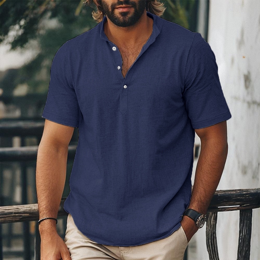 Homme Chemise Chemise en lin Chemise popover Chemise d'été Chemise de Plage Chemise hawaïenne Couleur Unie Occasionnel Quotidien Rose Claire bleu marine Vert Kaki Manche Courte Band Collar Printemps de 2026 ? $22.99 –P10