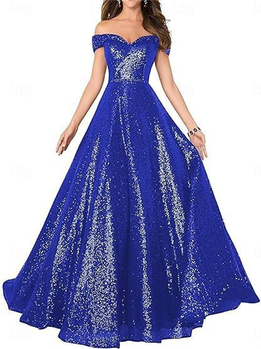 A-Line Evening Gown Elegant Dress Formal Performance Floor Length Short Sleeve Off Shoulder Sequined Backless with Pleats 2025 - $129.99 –P18
