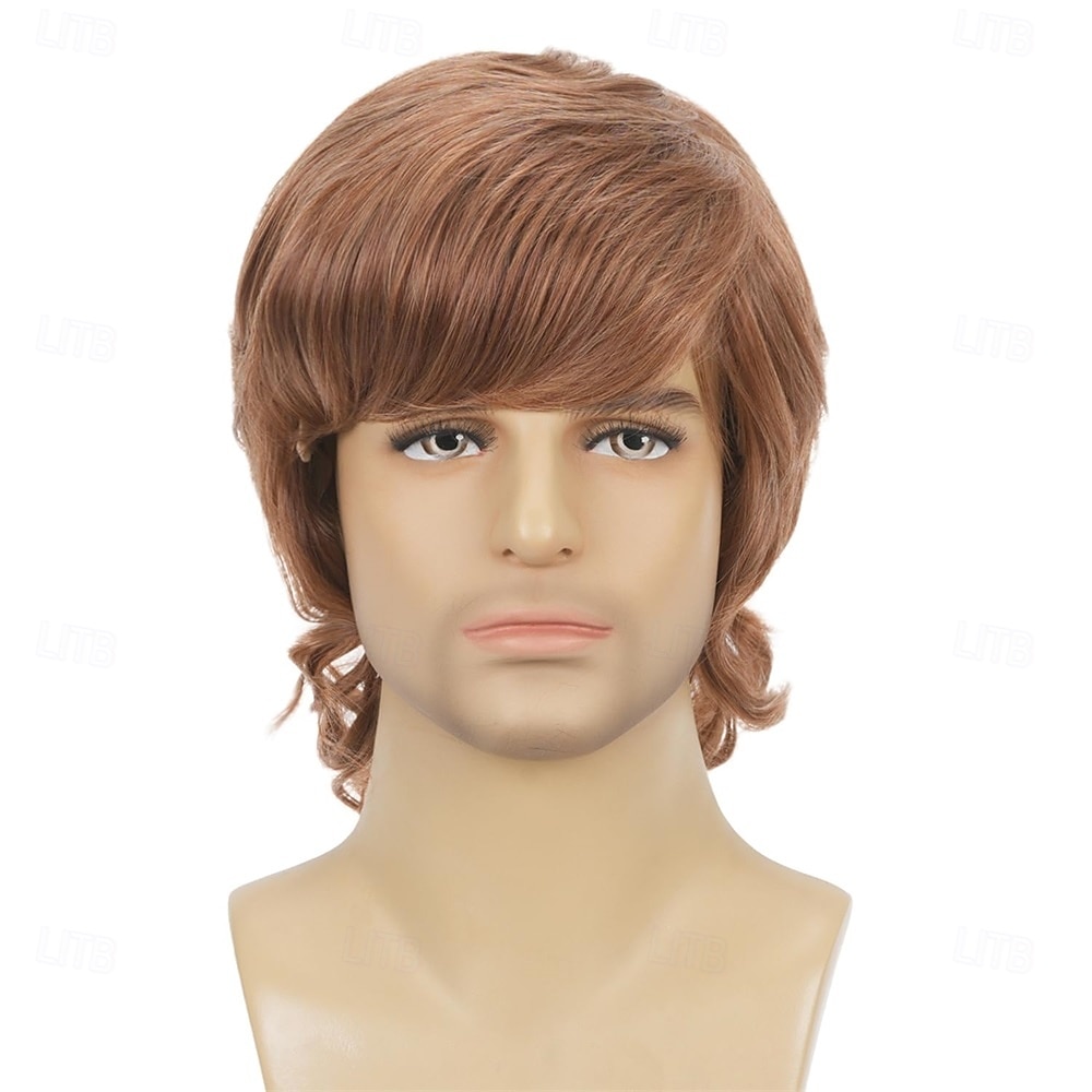 Parrucca da uomo corta e ondulata, castana, stile rocker anni '60/'70, per feste di Halloween e cosplay. del 2025 a $21.99 –P1