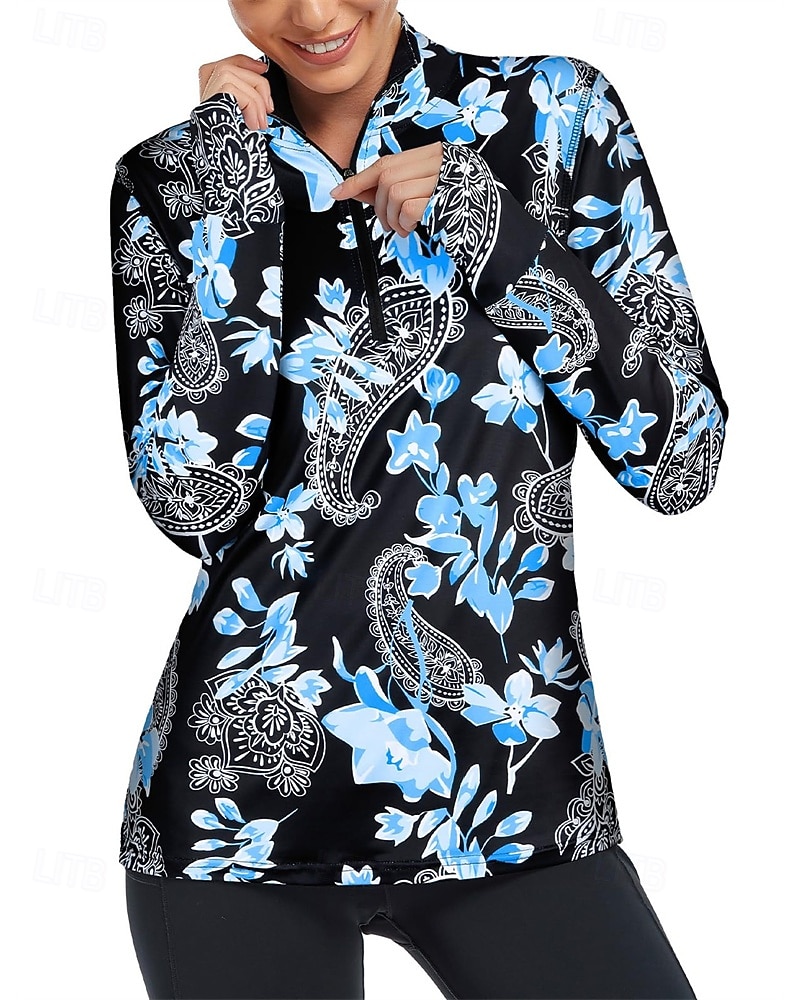 Dam Blommig Botanisk Vandringspolotröja Tennisskjorta Långärmad Mönster Fjärdedels blixtlås Pullover UV-skydd Elastisk Andningsfunktion Tennis Golf Pickleball Dragkedja Skjorta Polo Blå Tenniskläder 2026 - E£1405.6 –P1