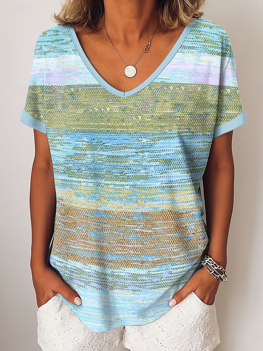 Femmes T-shirt Graphique Géométrique Rayé ancien Occasionnel Manche Courte Col en V Hauts Réguliers Quotidien Week-end Vêtements de vacances Imprimé Rose Claire Bleu Violet Vert Été Printemps de 2025 ? $19.99 –P4