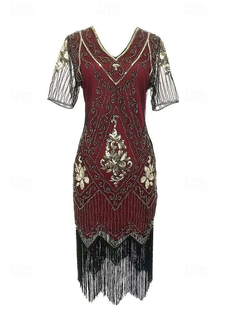 Anni Ruggenti Anni 1920 Lunghezza al ginocchio Vestito Abito Flapper Abito da Ballo Maniche corte Il grande Gatsby Charleston Invitato al matrimonio Paillettes Frangia con nappe Scollo a V Costume del 2026 a $34.99 –P12