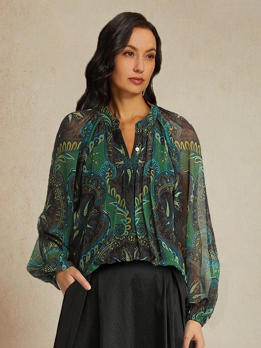 Women's Paisley Print Chiffon Peasant Top Lantern Sleeve Casual Long Sleeve V Neck Shirt Blouse for Spring 2025 - $59.99 –P1