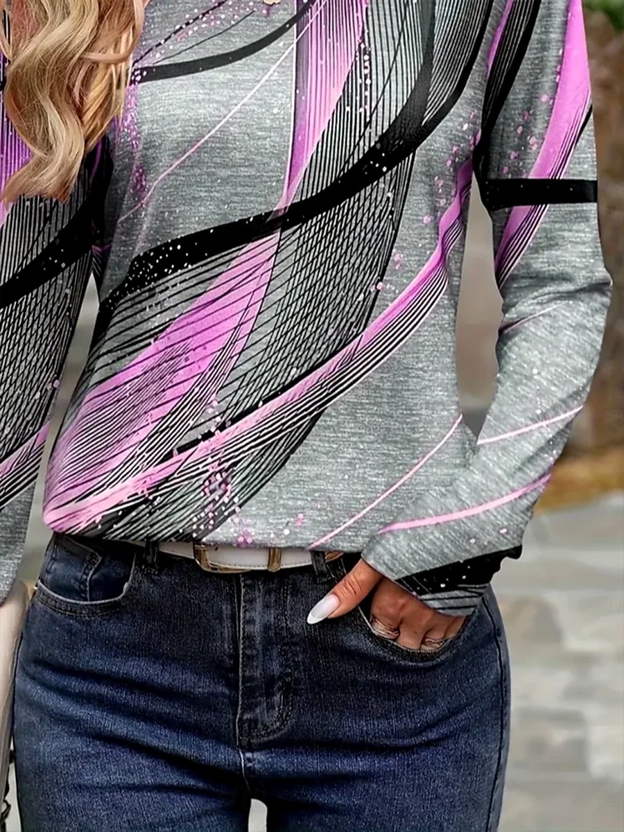 Camiseta de Mujer de Manga Larga con Cuello Redondo Túnica Gráfica Geométrica Rayas Vintage Elegante Tops Regulares para el Día a Día Impresión en Púrpura Otoño Prefall 2026 - $24.99 –P3