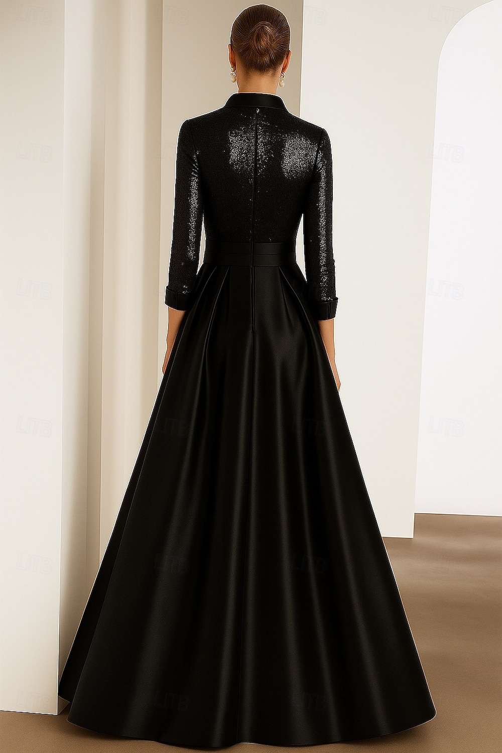 Abito da sera A-Line con cravatta nera Abito elegante formale da matrimonio lunghezza fino al pavimento maniche lunghe colletto camicia mantelle in satin con pieghe glitter del 2025 a $142.99 –P2