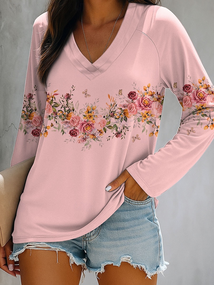 Femmes T-shirt Fleuri Graphique Plantes Élégant ancien Classique manche longue Col en V Hauts Réguliers Quotidien Sortir Week-end Imprimé Blanche Rose Claire Bleu Vert Été Printemps Automne de 2025 ? $22.99 –P2