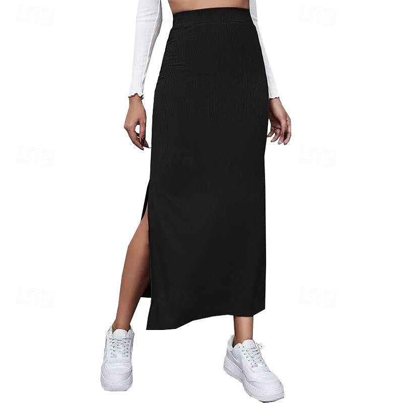 Dames Rok Casual Maxi Medium taille Rokken Effen Gespleten punten Micro-elastisch Vakantie Straat Zwart Rood Licht Bruin Bruin Zomer Polyester 2025 - $17.99 –P7