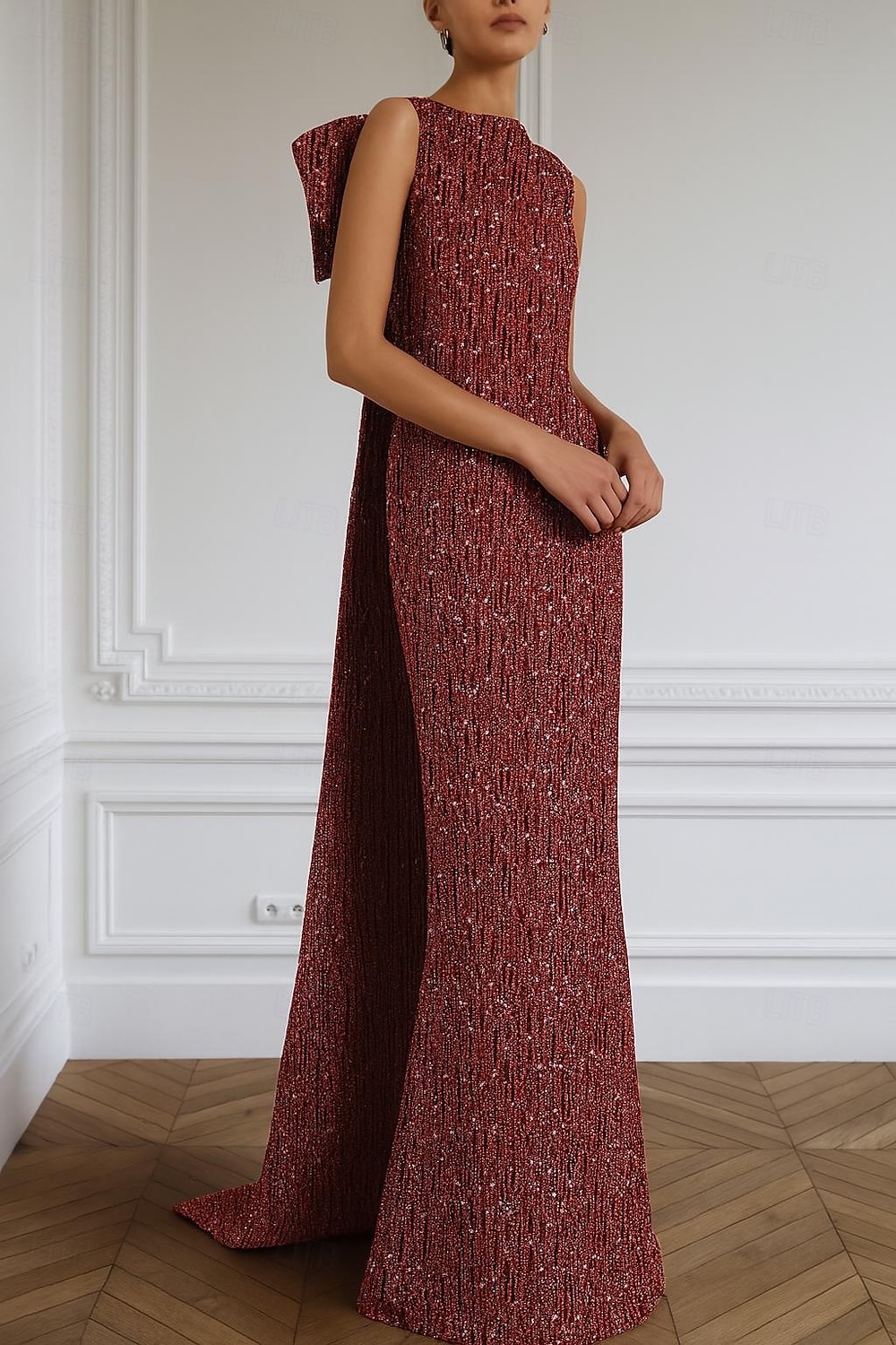 Vestido de Gala de Noite com Cristais Sereia  Trompete Elegante Vestido Formal Casamento Comprimento Longo Sem Mangas Decote Redondo com Laço(s) Removível(is) de 2025 por $149.99 –P1