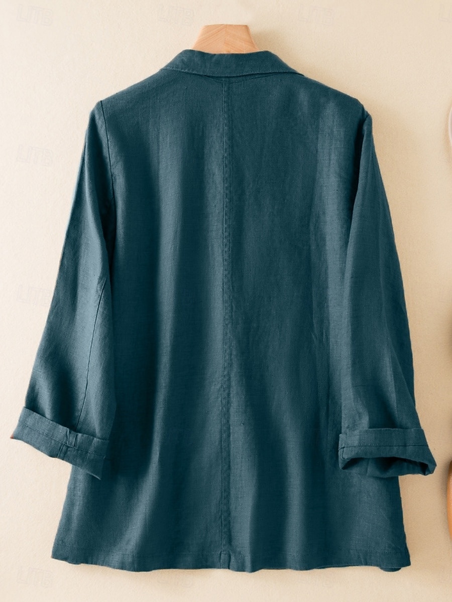 Damen-Blazer aus Baumwollleinen, bequem, atmungsaktiv, Tasche, lässig, einfarbig, fürs Büro, Straße, lässig, Alltagskleidung, einreihig, normal, Umlegekragen, normale Passform, langärmelig, Oberbekleidung, weiß, grün, beige, Sommer 2025 - $31.99 –P2