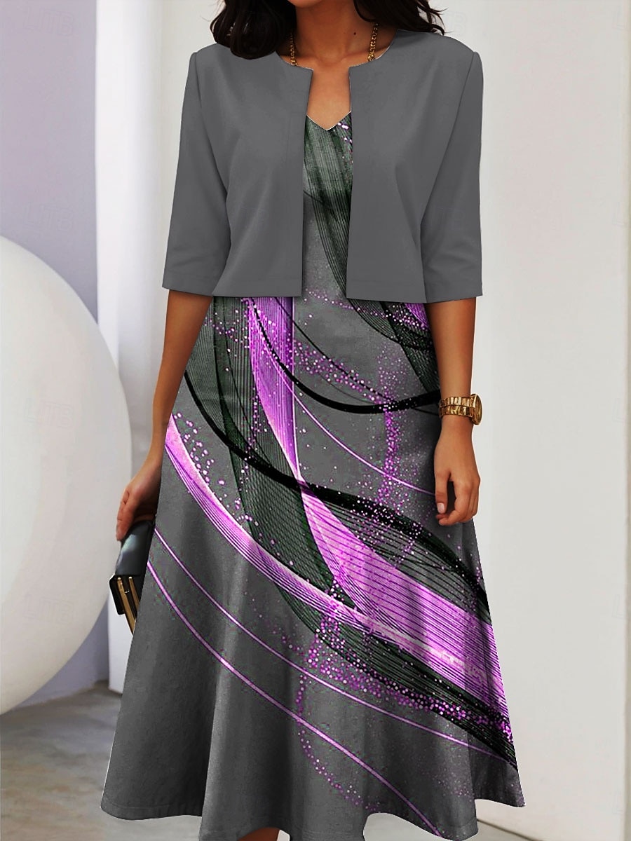 Women's Two Piece Dress Sets Midi Dress with Jacket Elegant A Line Dress Half Sleeve Casual Semi Formal Ombre Graphic Print V Neck Formal Yellow Blue Purple Spring Fall Regular Fit 2026 - $37.99 –P2