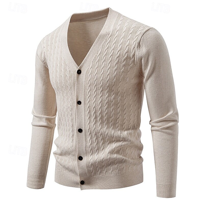 Men's Cardigan Sweater Cropped  Sweater Knit Sweater Ribbed Knit Regular Tops Buttons Jacquard Plain V Neck Fashion Classic Vacation Daily Wear Clothing Apparel Fall Winter Black Navy Blue S M L 2025 - $23.99 –P1