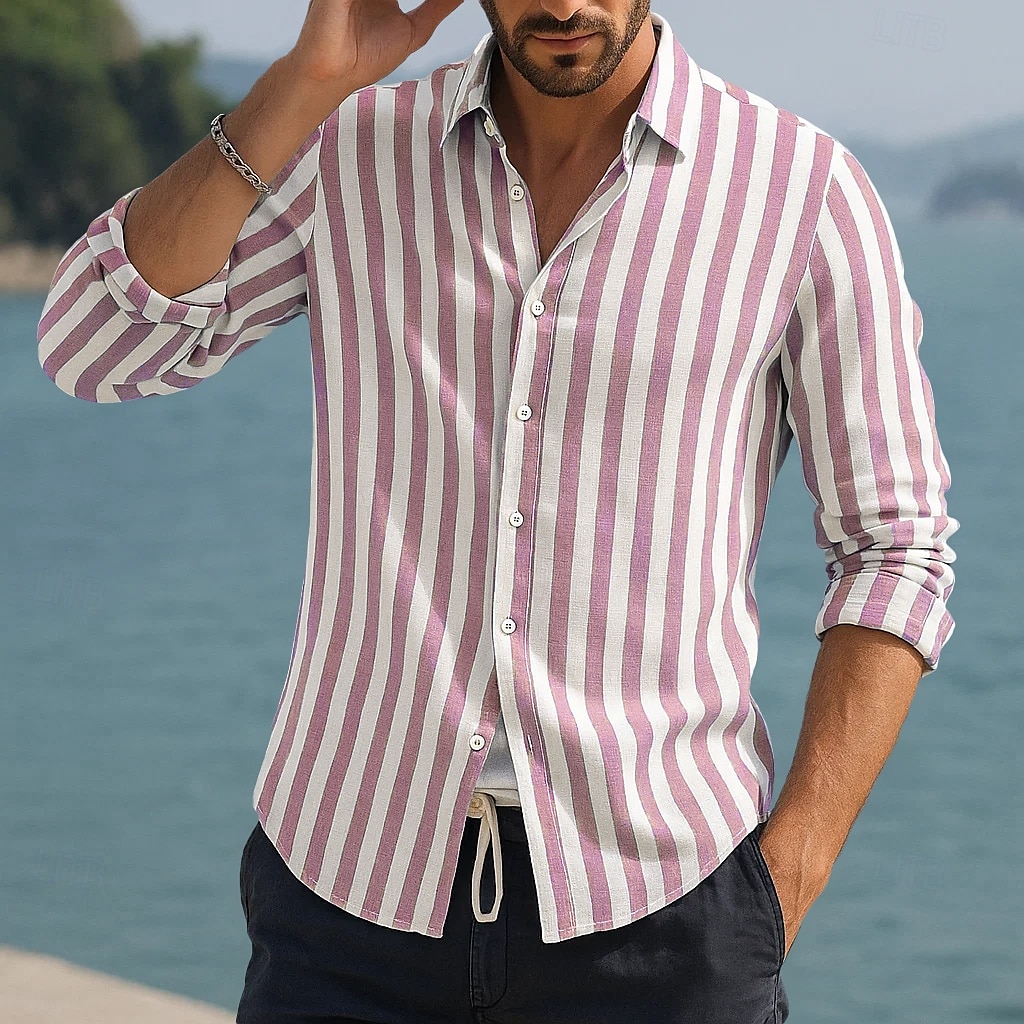 Voor heren Overhemd Linnen overhemd Zomer overhemd Strand Kleding Overhemd met knopen Verticale stroken Vakantie Curise Zwart Blozend Roze Rood blauw Lange mouw Strijkijzer Zomer Lente Kleding 2025 - $20.99 –P6