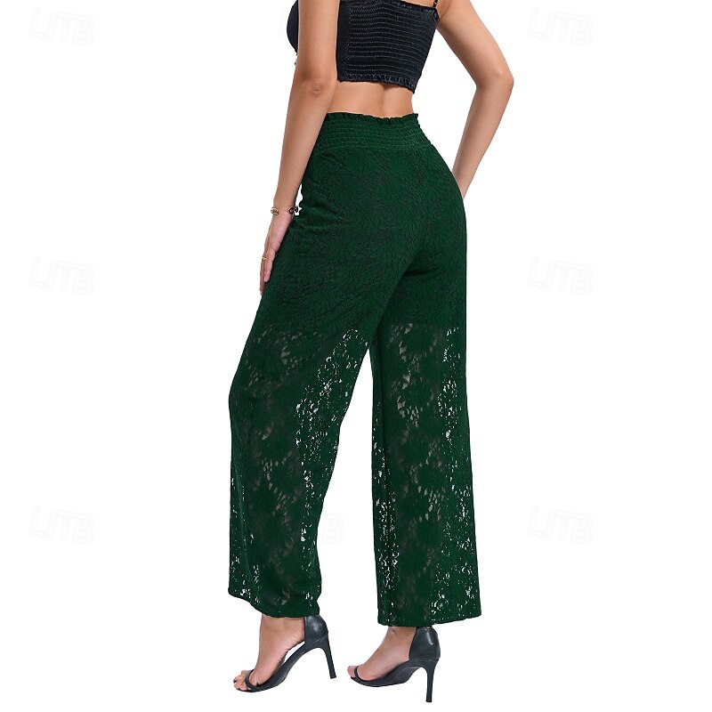Femmes Jambe large Slacks Streetwear Occasionnel Longueur complète Naturel Uni Dentelle Patchwork Taille Élastique Confortable Fête Sortir Vert translucide Noir Blanche Bleu de minuit Automne Coupe de 2025 ? $16.99 –P20