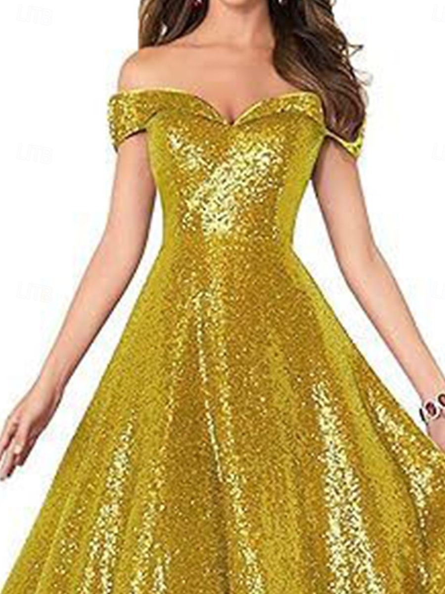 A-Line Evening Gown Elegant Dress Formal Performance Floor Length Short Sleeve Off Shoulder Sequined Backless with Pleats 2025 - $129.99 –P3