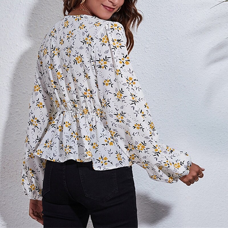Dames Zomer tops Bloemig Dagelijks Stijlvol Basic Lange mouw Lantaarn mouw V-hals Normale tops Werk Dagelijks Feestdagen Afdrukken Wit Zomer Lente 2025 - $18.99 –P5
