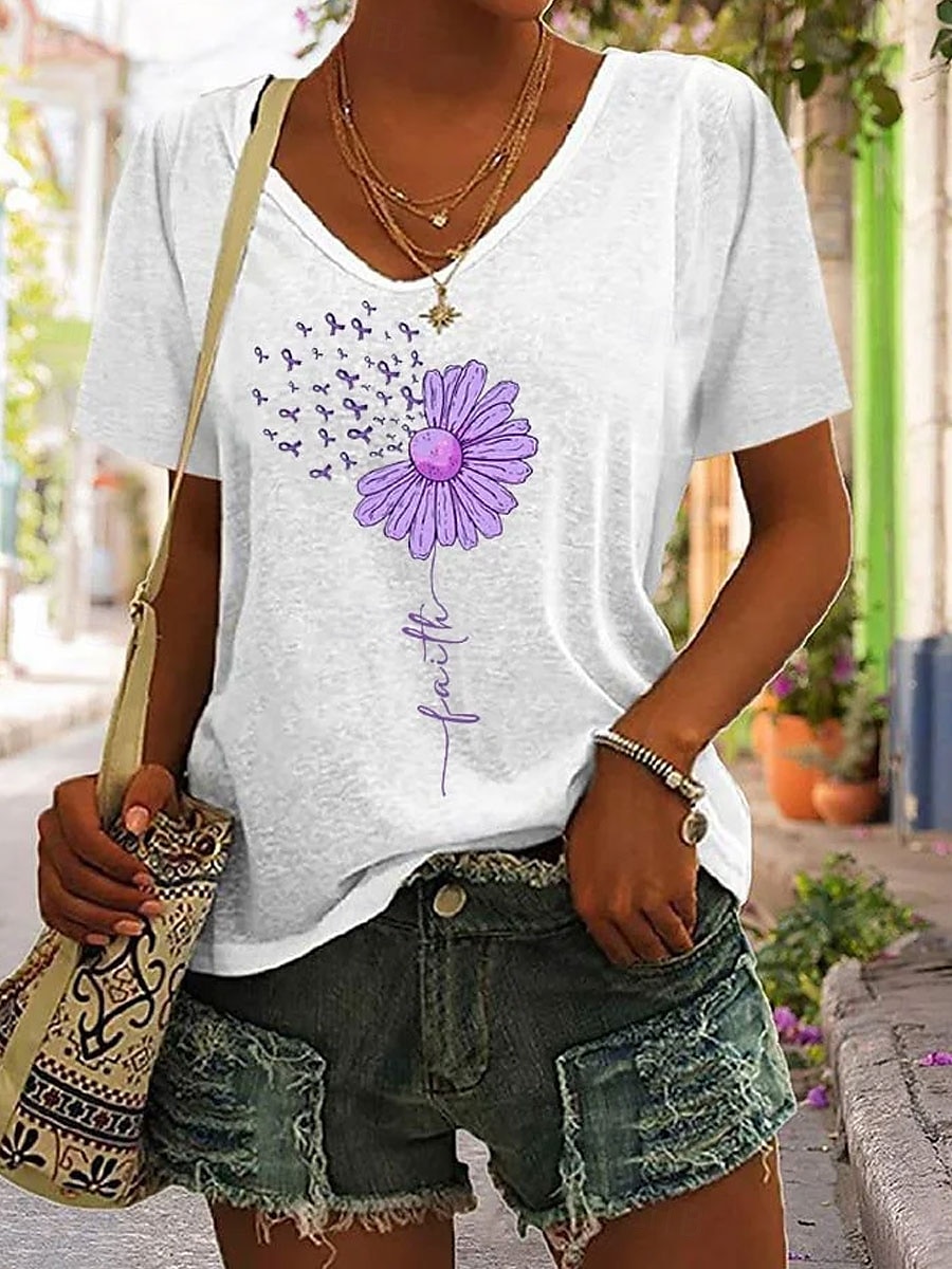 Femmes T-shirt Fleuri Graphique Lettre Bohème ancien Élégant Manche Courte Col en V Hauts Réguliers Quotidien Sortir Week-end Imprimé Noir Blanche Rose Claire Violet Vert Été Printemps de 2025 ? $19.99 –P4
